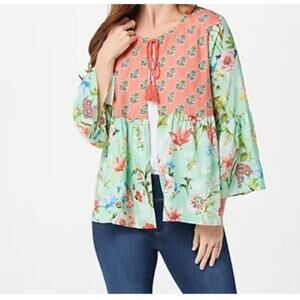 Boho Peplum Tassel Top Tolani Collection Women's 3X Pink Green Flowy Blouse